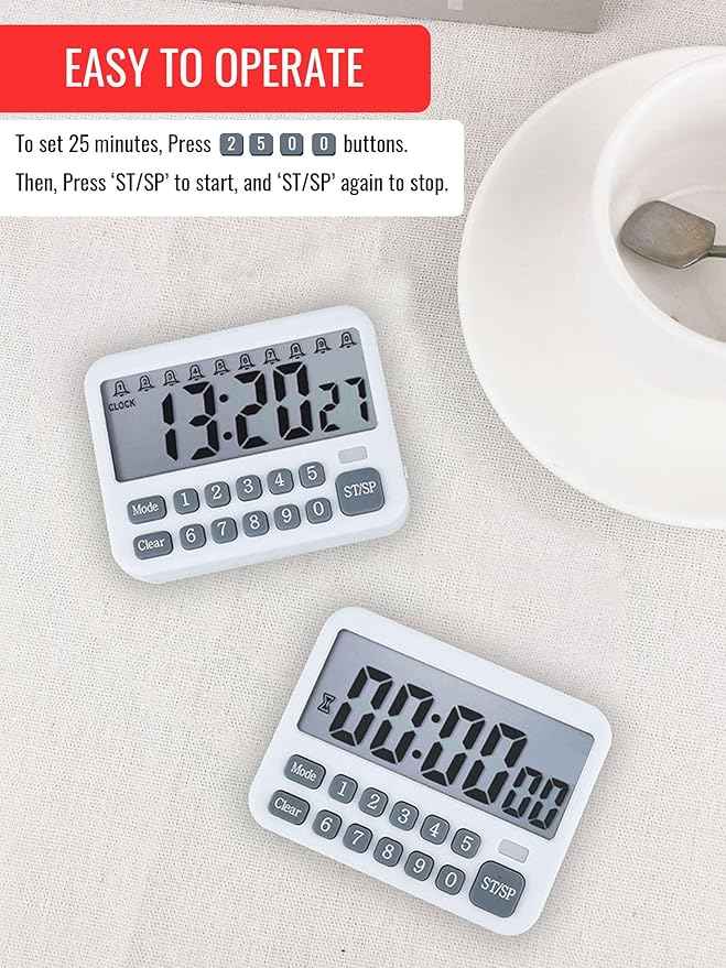 Digital Multifunction Timer with Clock, 10 Preset Alarms, Countup & Countdown, Memory Settings, White