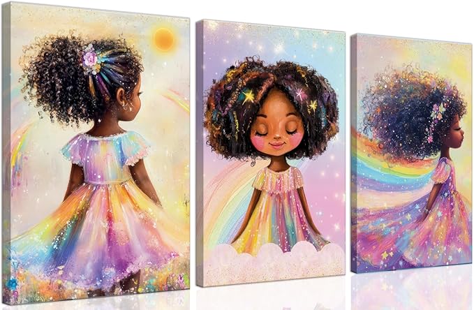 Black Girl Princess Wall Art, Rainbow Hair Girl Painting,Cute Afro Girls Art,Cute Black Girl Nursery Art,Whimsical Rainbow Art Print Set Poster,Black Kids Canvas Prints,Framed16 x 24inches X3piece