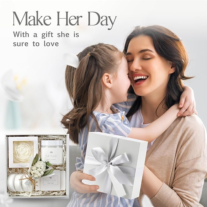 Sweet Coconut Small Spa Gift Set for Women – Relaxation Gift Basket with Candle, Soap, Salt Scrub & Shower Steamers – Unique Birthday, Bridal Shower, Thank You & Self Care Gifts