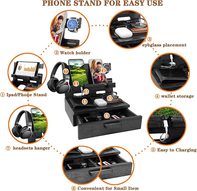 Gifts for Him Husband Boyfriend Son Men Nightstand Organizer Wood Phone Docking Station Birthday Gifts (Black)