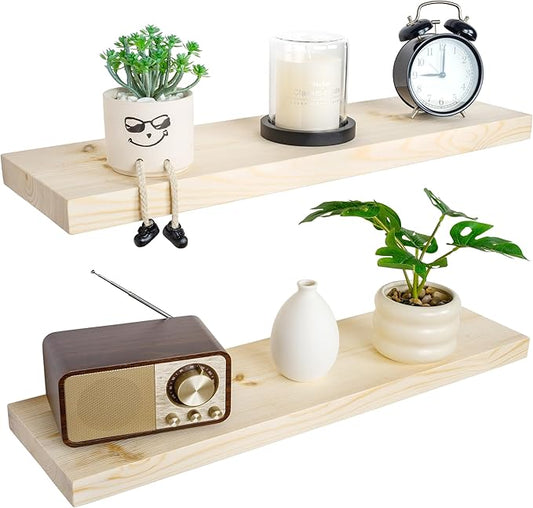 BGMG Wood Floating Shelves for Wall 30 inch, Rustic Wooden Wall Mount Shelves for Bathroom Living Room Bedroom Kitchen Farmhouse Set of 2-30x 6.7 x1.25 inch- DIY-Unfinished