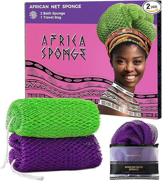 Authentic African Net Sponge with Knots - 2 Pieces Exfoliating Body Sponge Purple & Green - Back Scrubber Shower Exfoliator for Women Personal Care - Shower Scrub for Body Wash Bathing Accessories