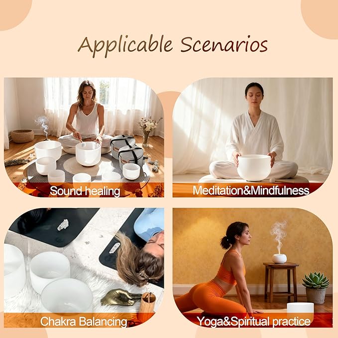 RYAN DVAN 432Hz 7-12 inch Crystal Singing Bowl Set of 7 with Free Carrying Case, Frosted Quartz Sound Bowls for Chakra Healing, Meditation,Yoga,Sound Therapy,Mindfulness,Relaxation & Stress Relief