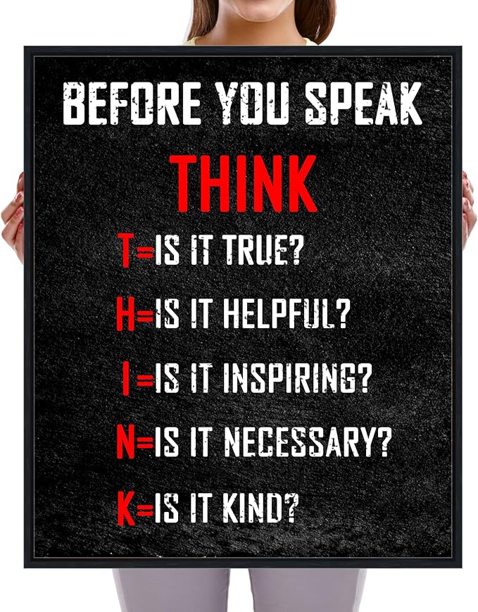 Pyradecor Large Inspirational Poster Black Framed Canvas Wall Art Motivational Think Before You Speak Classroom Positive Quotes for Office Home Decorations