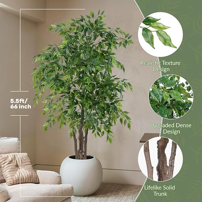 Ficus Tree Artificial with Triple Trunks, 5.5ft Fake Ficus Tree in Black Pot, Tall Artificial Tree Potted Plant for Indoor Outdoor Home Office Living Room Patio Bedroom Decor