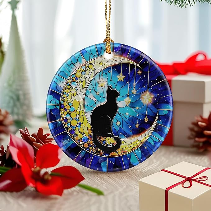 Black Cat Ornament – Christmas Decoration & Christmas Ornament; Round Ceramic (Holiday Present, Bauble Present, Gift Idea, and Gift Exchange) | Heirloom Keepsake