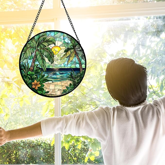 Stained Glass Window Hanging, Green Beach Scenery Suncatcher Diamond Glass Panel Hangings Sun Catchers Decor for Birthday for Women, Men, Wife, Aunt, and Mom 9.8 in