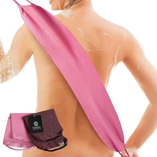 CASAVIDA Back Scrubber for Shower Nylon Bath Towel Washer Exfoliating Washcloth Rear Japanese Stretchable Strap Wash Cloth Body Exfoliation 2 Pack (Pink + Wine Red)