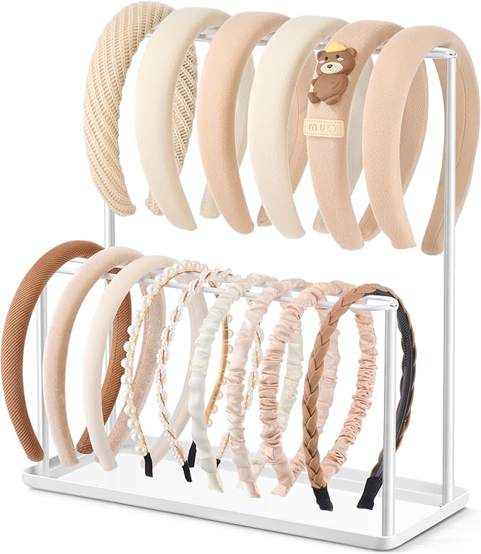 pickpiff Headband Holder Organizer Metal 2-Tier with Tray: Hair Accessories Display Stand Storage, Purse Charms Key Rings Rack Necklace Stand Home Bedroom for Girls Women, White