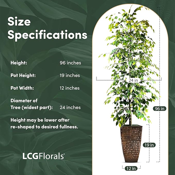 Artificial Ficus Tree in Copper Metal Pot - Real Wood Trunk, Preassembled, No Maintenance Indoor Faux Plant - Living Room, Home & Office Decor (8ft Tall)