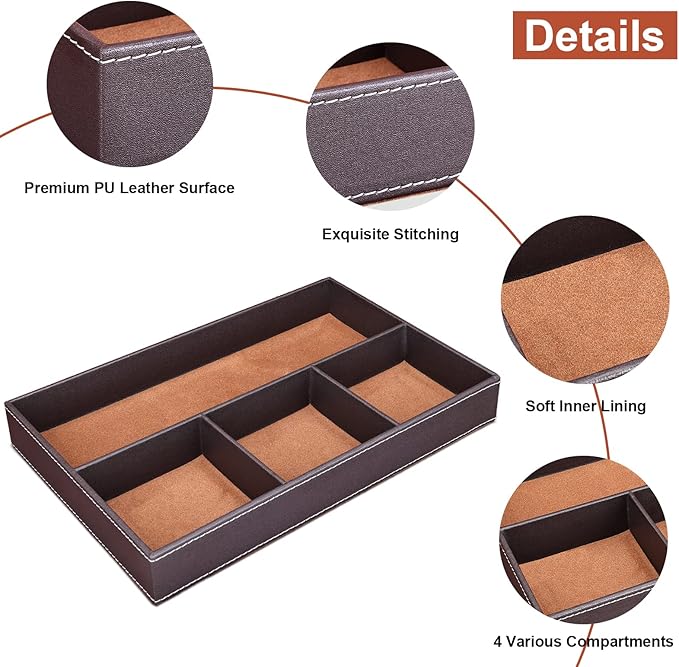 GORESE Faux Leather Valet Tray for Men, Stackable Jewelry Organizer for Drawers Inserts, Nightstand Caddy Tray for Key, Wallet, Sunglass, Watch, Coin, Phone, Bedside Desktop Storage Brown