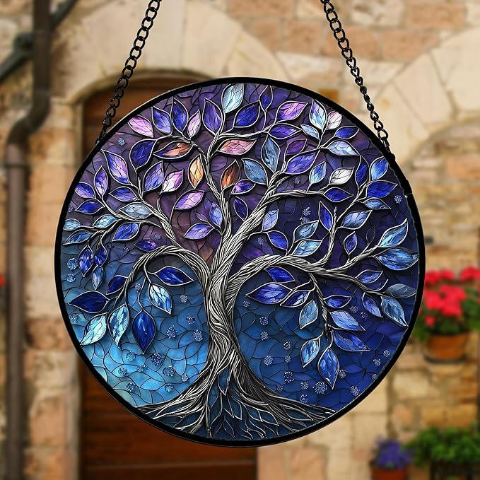 Stained Glass Window Hanging, Blue Purple Tree of Life Sun Catchers Colorful Glass Panel Plants Suncatcher Decor for Birthday for Women,Men,Wife, Lovers, and Mom 9.8 in