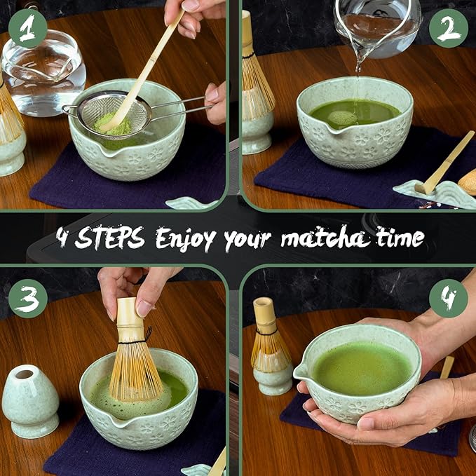Matcha Whisk Set, 8Pcs Matcha Set Kit include Matcha Bowl, Matcha Whisk and Holder, Bamboo Scoop, Scoop Rest, Sifter and Tea Towel, Matcha Whisk and Bowl Set for Matcha Lovers and Beginers