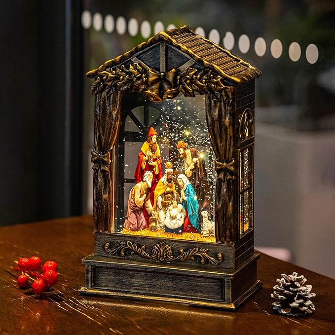 Christmas Snow Globe Lighted Manger Nativity Scene, Musical Window Water Lantern Play Silent Night Music in Swirling Glitter, Holiday Decorations Gift