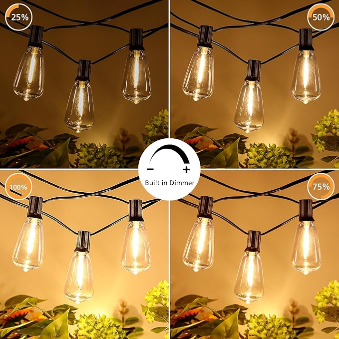 Brightever Dimmable Outdoor String Lights with Remote, 3 Colors in 1 LED Patio Light for Outside with 25+1 ST38 Edison Bulbs, 50FT 3 Modes Gazebo Lighting Waterproof for Camping, 2700K/4000K/5000K
