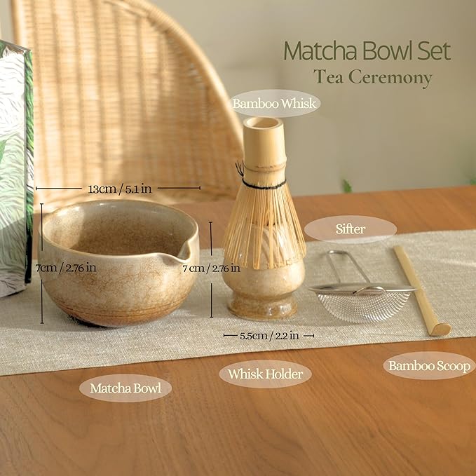 Matcha Set, Handcrafted Bamboo Chasen & Ceramic Bowl, 5 Pcs Matcha Set Whisk and Bowl with Stainless Steel Sifter, Bamboo Scoop & Holder for Matcha Tea Ceremony, Taupe