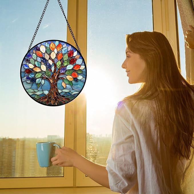 Stained Glass Window Hanging, Colorful Tree of Life Sun Catchers Glass Panel Blue Suncatcher Decor for Birthday for Women, Men, Wife, Aunt, and Mom 7.8 in