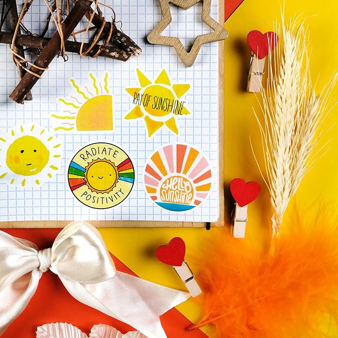BulbaCraft 100Pcs Small Sunshine Stickers, Sun Stickers and Decals for Laptop and Water Bottles, You are My Sunshine Decals and Party Favors, Sun Birthday Party Decorations, Gifts for Women & Men