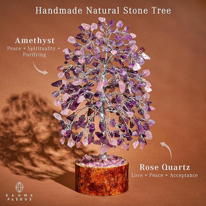 KARMAPLEDGE Chakra Healing Crystal Tree of Life for Birthday Gifts for Women, Home and Office Decor for Positive Energy & Good Luck, Spiritual Gifts, Feng Shui Money Trees (Rose, Amethyst Dual Beads)