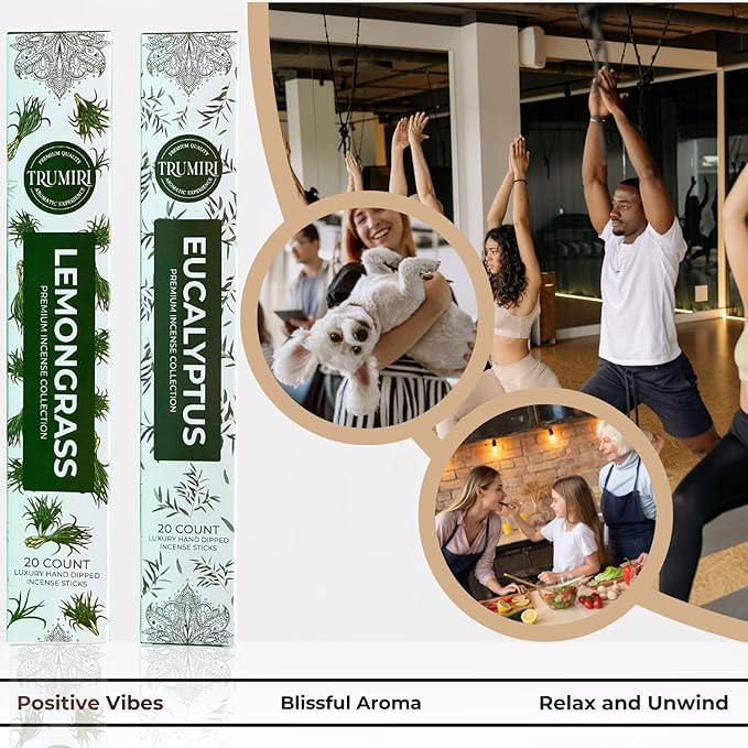Trumiri Incense Sticks - Combo Pack of 40 Insence-Sticks - 20 Lemongrass + 20 Eucalyptus - Insenses - Insents - Incents - Inscense - Incence - Incienso - All Natural Incense Sticks