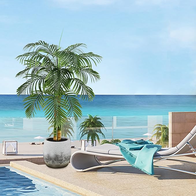 Artificial Golden Cane Palm Tree 5FT, Fake Palm Tree with Three Realistic Trunks and Lifelike Palm Leaves, Faux Palm Plant for Indoor Home Décor with Black Planter