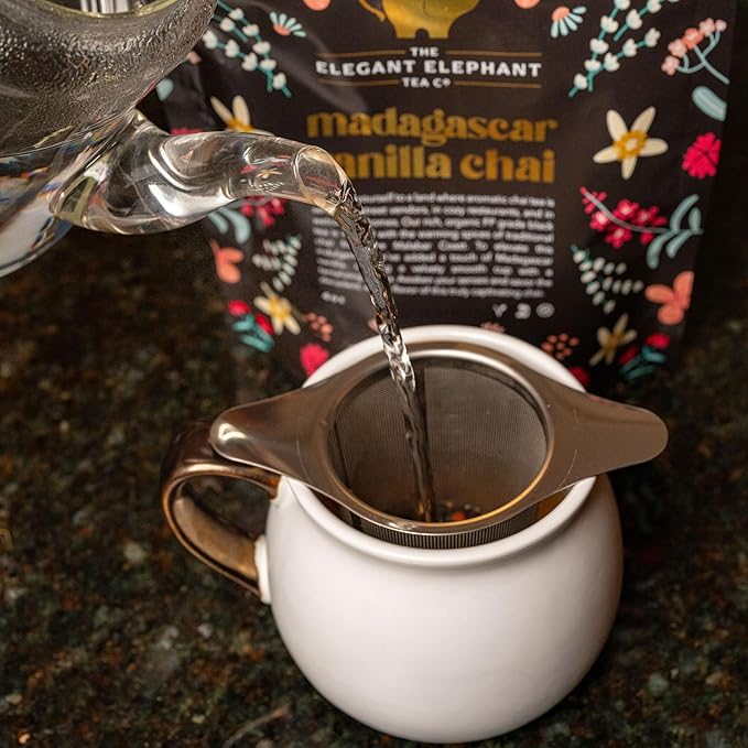 Fine Mesh Loose Tea Infuser −18/8 Stainless Steel, Large Capacity, Wide Double Handles−Fits Cups, Mugs, Small Teapots−Loose Leaf Tea Brew Basket, Steeper & Strainer −The Elegant Elephant