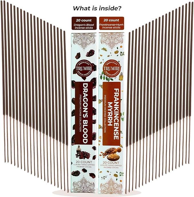 Trumiri Incense Sticks - Combo Pack of 40 Insence-Sticks - 20 Dragons Blood + 20 Frankincense Myrrh - Insenses - Insents - Incents - Inscense - Incence - Incienso - All Natural Incense Sticks