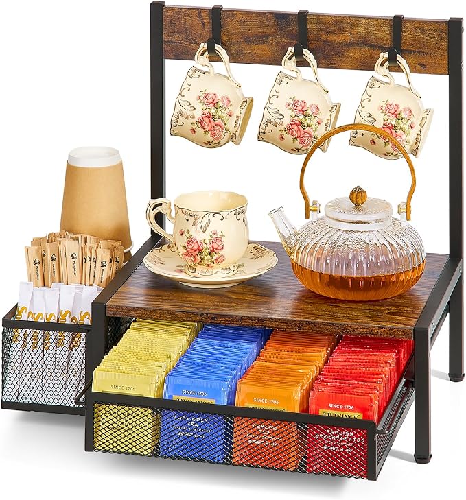 Tea Bag Organizer, Wood Tea Organizer and Storage Cheast, Tea Bag Holder with Storage Drawer, 4 Hooks for Tea Cups Holder, Tea Station Chest Display Container Box for Countertop Kitchen, Brown