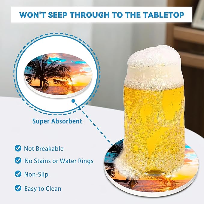 Palm Tree Coaster Set of 4, Absorbent Ceramic Stone Coasters with Cork Backing, Sunset Beach Theme Round Coasters for Home Table Decor, Ideal Gifts for Women or Men