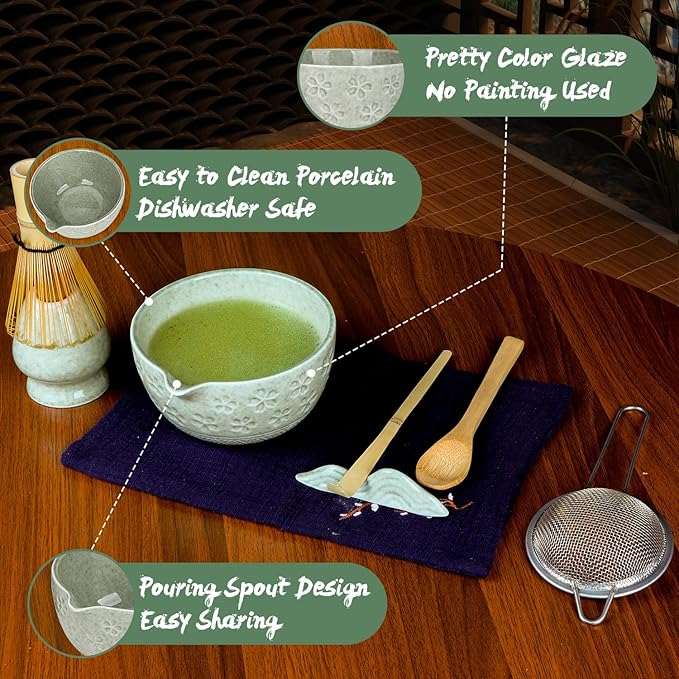Matcha Whisk Set, 8Pcs Matcha Set Kit include Matcha Bowl, Matcha Whisk and Holder, Bamboo Scoop, Scoop Rest, Sifter and Tea Towel, Matcha Whisk and Bowl Set for Matcha Lovers and Beginers