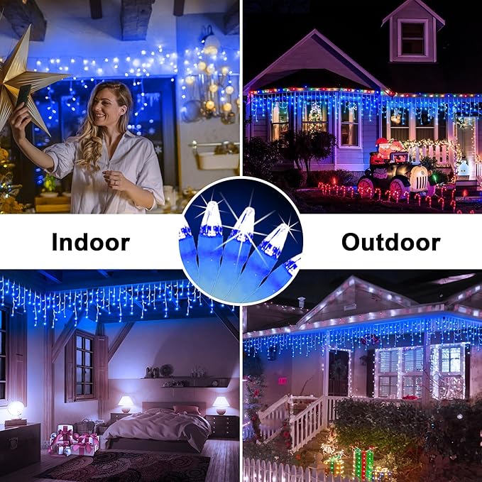 1296 LED 131FT Christmas Lights 288 Drops, Outdoor Hanging lights with 8 Modes Timer, Plug in Curtain String Lights Outdoor Waterproof for House Fence Tree Holiday Wedding Party Outside Decor (Blue)