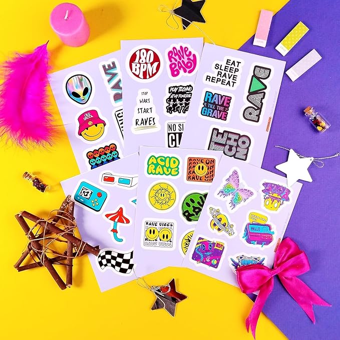 BulbaCraft Rave Stickers for Water Bottle and Laptop - Trippy Stickers, Psychedelic Party Favors & Decorations, Waterproof Vinyl Festival Decals, Gifts for Women & Men