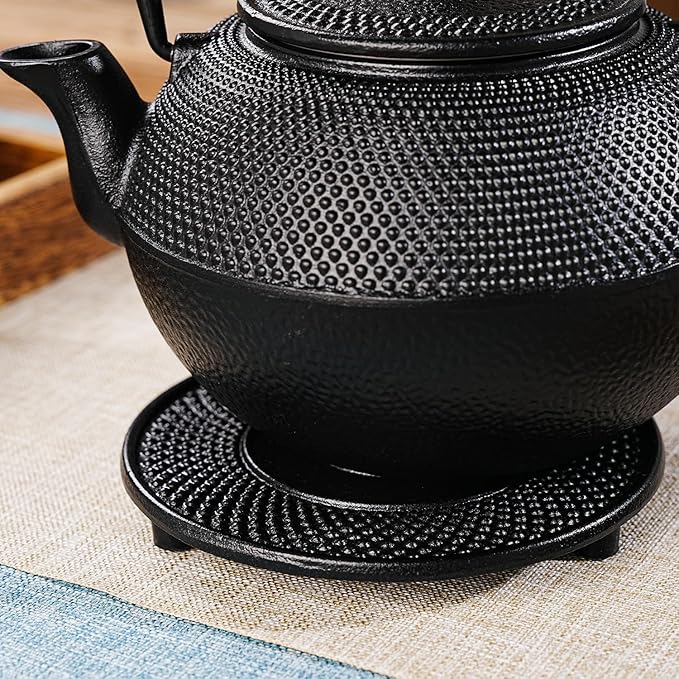 Sungmor Black Cast Iron Teapot Trivet - Heat-Resistant Japanese Tea Pot Stand, Textured Anti-Slip Base for Table and Counter Protection