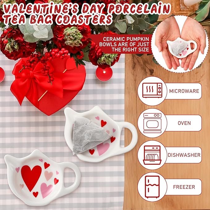 Set of 6 Valentines Love Hearts Tea Bag Holders Porcelain Ceramic Teapot Shaped Coasters Tea Bag Plate Spoon Rests Pad Saucer Seasoning Dish Set for Party Decoration Gifts, 3.7x2.75''