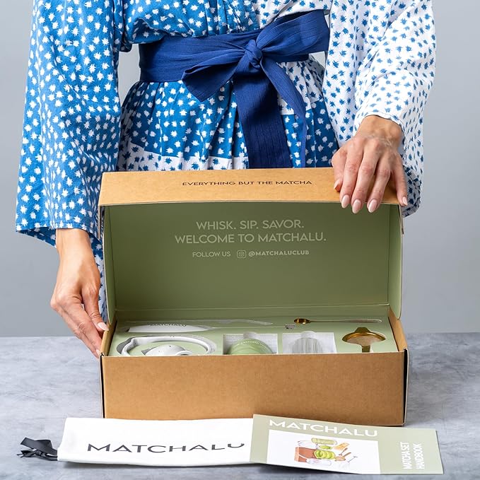 Matcha Whisk Set With Ceramic Matcha Bowl, Bamboo Whisk & Holder, Stainless Steel Spoon & Sifter, Glass Cup & Straw, Electric Frother, Storage Bag - Gift for Matcha Lovers (Premium 9-Piece Set White)