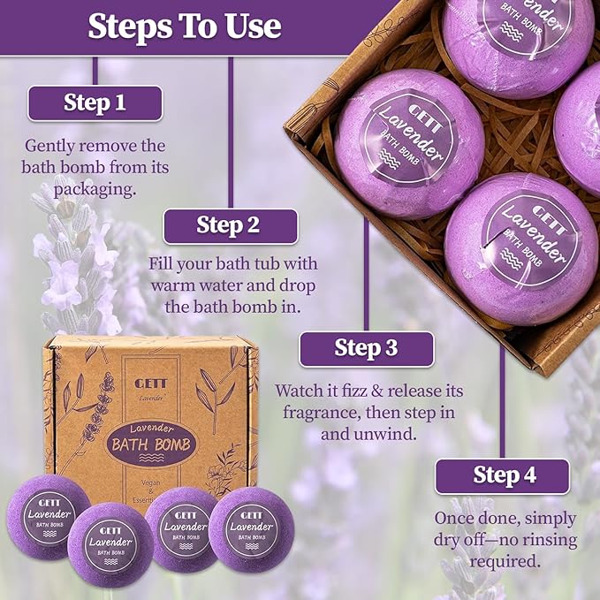 GETT Lavender Bath Bombs 4-pcs, Individually Wrapped Bath Bombs for Men & Women, Luxury Gift Set with Vegan and Essential Oils, Relaxing and Moisturizing Bubble Bath, Organic Bath Essentials for All