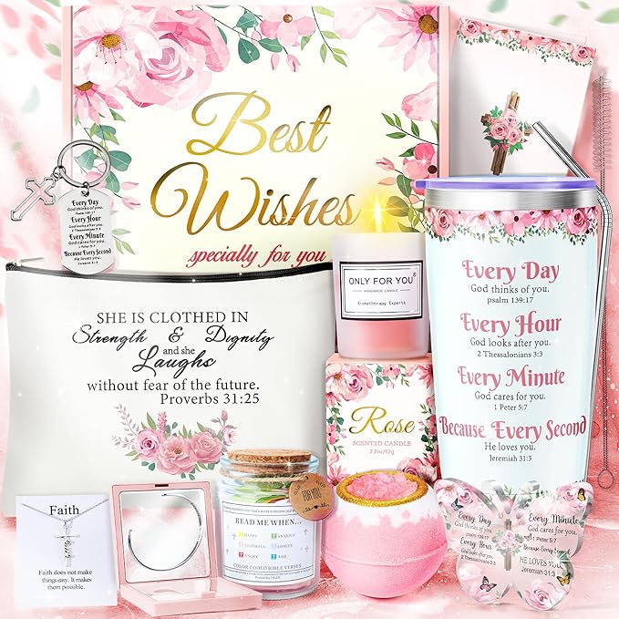 Fortuning's JDS 13PCS Christian Gifts for Women Faith, Pink Birthday Gifts for Women, Inspirational Gifts,Self Care Gifts Get Well Soon Gifts Basket, Care Package for Mom Wife Her Sister Best Friends