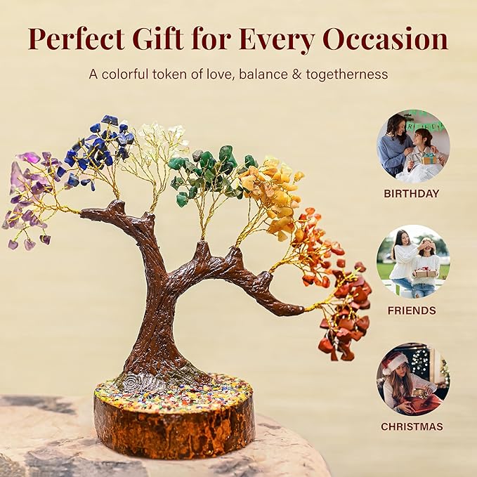 Crocon Crystal Tree of Life 7 Chakra Healing Crystal Bonsai Tree for Home Decor Gift Good Luck Birthday Gifts for Women & Mom, Office Desk Decor Living Room Decor Handmade Trees for Positive Energy
