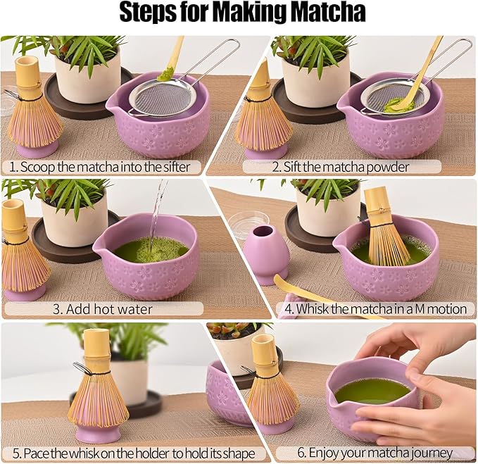 APLSTOW Matcha Whisk Set - Traditional Japanese Handmade Bamboo Matcha Whisk and Holder, Matcha Bowl,Bamboo Scoop, Scoop Rest, Sifter and Tea Towel (Purple)