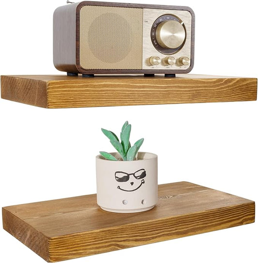 BGMG Wood Floating Shelves for Wall 12 inch Set of 2, Rustic Wooden Wall Mount Shelves for Living Room Bedroom Kitchen Farmhouse-12x6.7x1.25 inch- Gold Oak