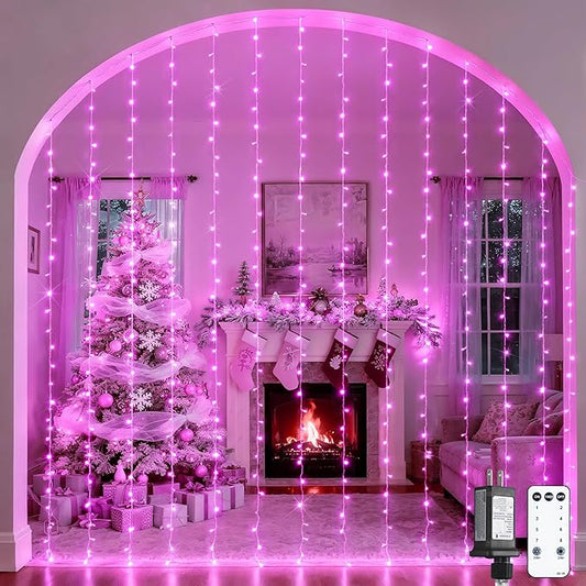JMEXSUSS 300 LED Curtain Lights Plug in with Remote, 9.8X9.8FT Pink Christmas Lights Indoor, 8 Modes Pink String Lights for Bedroom Window Wall Party Backdrop Xmas Valentine Decorations