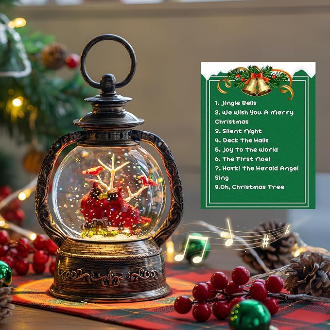 Musical Snow Globe Lantern Lighted 2 Cardinal Christmas Snow Water Lantern Swirling Glittering Home Decoration and Gift, Battery Operated or USB Powered