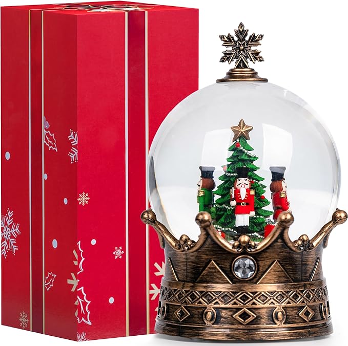 Nutcracker Snow Globe, Musical Crown Water Lantern with Swirling Glitter with Swirling Glittering Christmas Home Decoration and Gift, Battery Operated or USB Powered