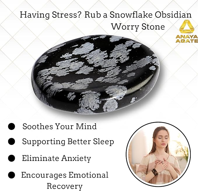 Snowflake Obsidian Worry Stones – Crystal Thumb Worry Stone for Anguish, Stress – Relaxing & Soothing Balance Stones for Meditation, Healing Stones & Crystals for Men, Women