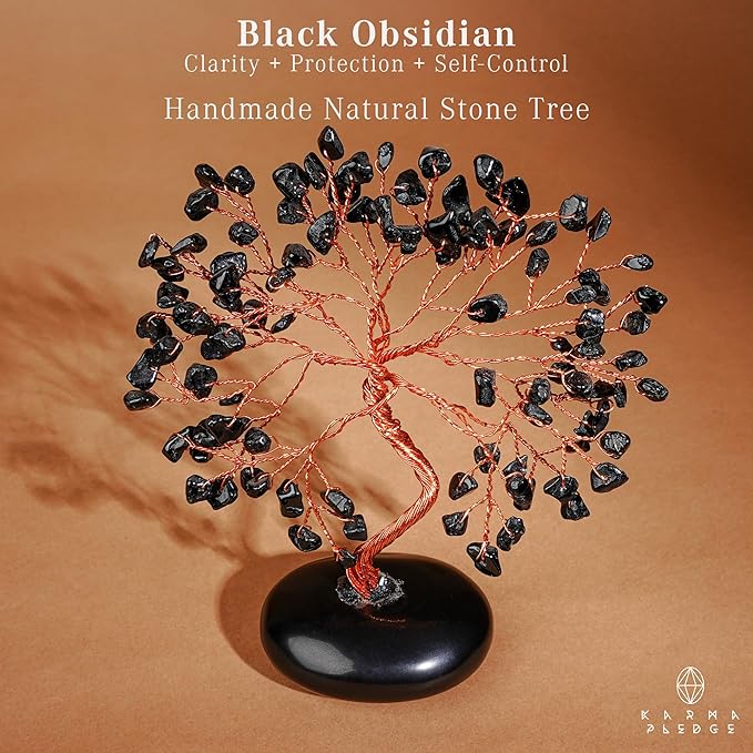 KARMAPLEDGE Black Obsidian Crystal Tree of Life Gifts for Women, Home and Office Desk Decor, 7 Chakra Reiki Healing, Tree for Positive Energy, Good Luck, Money, Meditation, Birthday Gifts