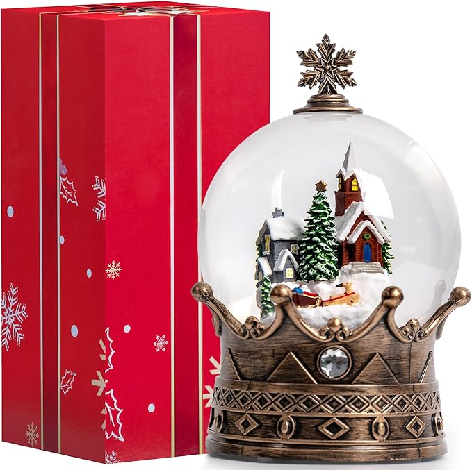 Christmas Village Snow Globe, Lighted Village Church and Santa Musical Crown Water Lantern in Swirling Glitter, Christmas Home Decoration and Gift, Battery Operated or USB Powered