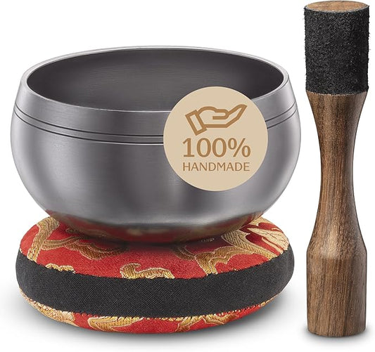 Tibetan Singing Bowl Set – Authentic Plain Design – Sound Bowl & Meditation Bowl with Cushion, Mallet & Guide – Bronze Nepali Singing Bowls – Hand-Tuned Meditation Bowl for Relaxation