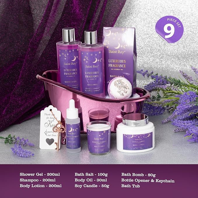 Bath Basket Spa Kit Spa Gifts for Women, Luxury Bath and Body Basket Set 10pcs Self Care Kit Lavender Scent Birthday Gifts Skin Care Set, Christmas Gifts for Women, Beauty kits Bridal Shower