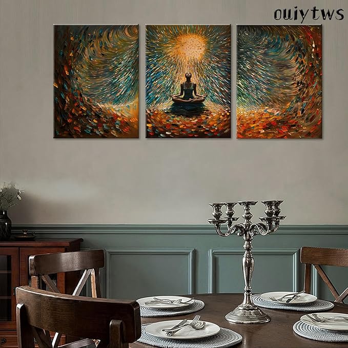 Framed Abstract Yoga Meditation Wall Art Set of 3Piece Canvas Poster Prints Painting, Vibrant Colorful Energy Flow, Tranquil Woman in Meditation for Home, Yoga Meditation Room,Office,Bedroom,16X24in