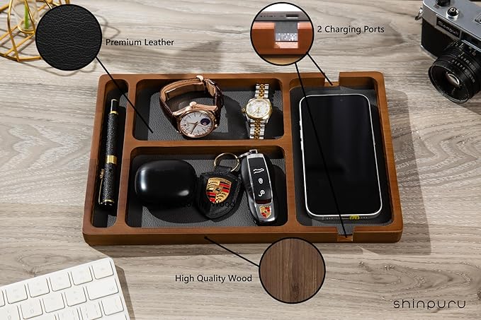 Shinpuru Wooden Valet Tray with Leather Inlay - Nightstand & Desk Organizer - EDC Essentials Catchall Tray for Keys, Phone, Wallet, Watch, Earbuds - Stylish Storage (Wood-Pen)